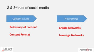 2 & 3rd rule of social media
Content is King
Relevancy of content
Content Format
Networking
Create Networks
Leverage Networks
 