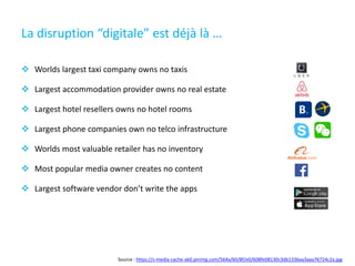 La disruption “digitale” est déjà là …
 Worlds largest taxi company owns no taxis
 Largest accommodation provider owns no real estate
 Largest hotel resellers owns no hotel rooms
 Largest phone companies own no telco infrastructure
 Worlds most valuable retailer has no inventory
 Most popular media owner creates no content
 Largest software vendor don’t write the apps
Source : https://s-media-cache-ak0.pinimg.com/564x/60/8f/e0/608fe08130c3db1336aa3aaa76724c2a.jpg
 