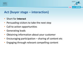 Act (buyer stage – interaction)
• Short for Interact
• Persuading visitors to take the next step
• Call to action opportunities
• Generating leads
• Obtaining information about your customer
• Encouraging participation – sharing of content etc
• Engaging through relevant compelling content
 