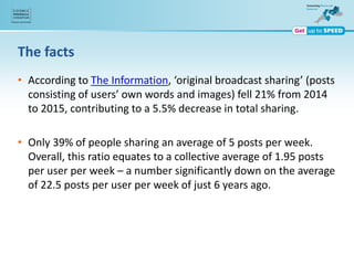 The facts
• According to The Information, ‘original broadcast sharing’ (posts
consisting of users’ own words and images) fell 21% from 2014
to 2015, contributing to a 5.5% decrease in total sharing.
• Only 39% of people sharing an average of 5 posts per week.
Overall, this ratio equates to a collective average of 1.95 posts
per user per week – a number significantly down on the average
of 22.5 posts per user per week of just 6 years ago.
 