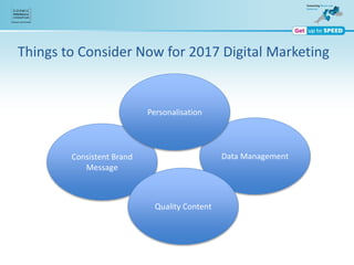 Data ManagementConsistent Brand
Message
Personalisation
Quality Content
Things to Consider Now for 2017 Digital Marketing
 