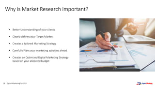 18 | Digital Marketing for 2021
Why is Market Research important?
• Better Understanding of your clients
• Clearly defines your Target Market
• Creates a tailored Marketing Strategy
• Carefully Plans your marketing activities ahead
• Creates an Optimized Digital Marketing Strategy
based on your allocated budget
 