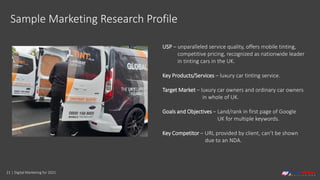 21 | Digital Marketing for 2021
USP – unparalleled service quality, offers mobile tinting,
competitive pricing, recognized as nationwide leader
in tinting cars in the UK.
Key Products/Services – luxury car tinting service.
Target Market – luxury car owners and ordinary car owners
in whole of UK.
Goals and Objectives – Land/rank in first page of Google
UK for multiple keywords.
Key Competitor – URL provided by client, can’t be shown
due to an NDA.
Sample Marketing Research Profile
 