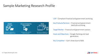 23 | Digital Marketing for 2021
USP – Compliant Financial and government archiving.
Key Products/Services – Financial and government
text/calls archiving.
Target Market – Financial and government sectors
Goals and Objectives – Google Ranking and lead
generation.
Key Competitor – Can’t show due to NDA.
Sample Marketing Research Profile
 