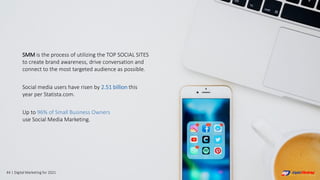 44 | Digital Marketing for 2021
SMM is the process of utilizing the TOP SOCIAL SITES
to create brand awareness, drive conversation and
connect to the most targeted audience as possible.
Social media users have risen by 2.51 billion this
year per Statista.com.
Up to 96% of Small Business Owners
use Social Media Marketing.
 