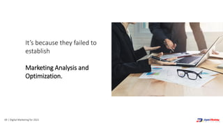 69 | Digital Marketing for 2021
It’s because they failed to
establish
Marketing Analysis and
Optimization.
 