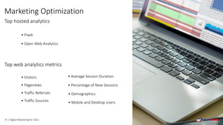 73 | Digital Marketing for 2021
Marketing Optimization
Top hosted analytics
• Piwik
• Open Web Analytics
Top web analytics metrics
• Visitors
• Pageviews
• Traffic Referrals
• Traffic Sources
• Average Session Duration
• Percentage of New Sessions
• Demographics
• Mobile and Desktop Users
 