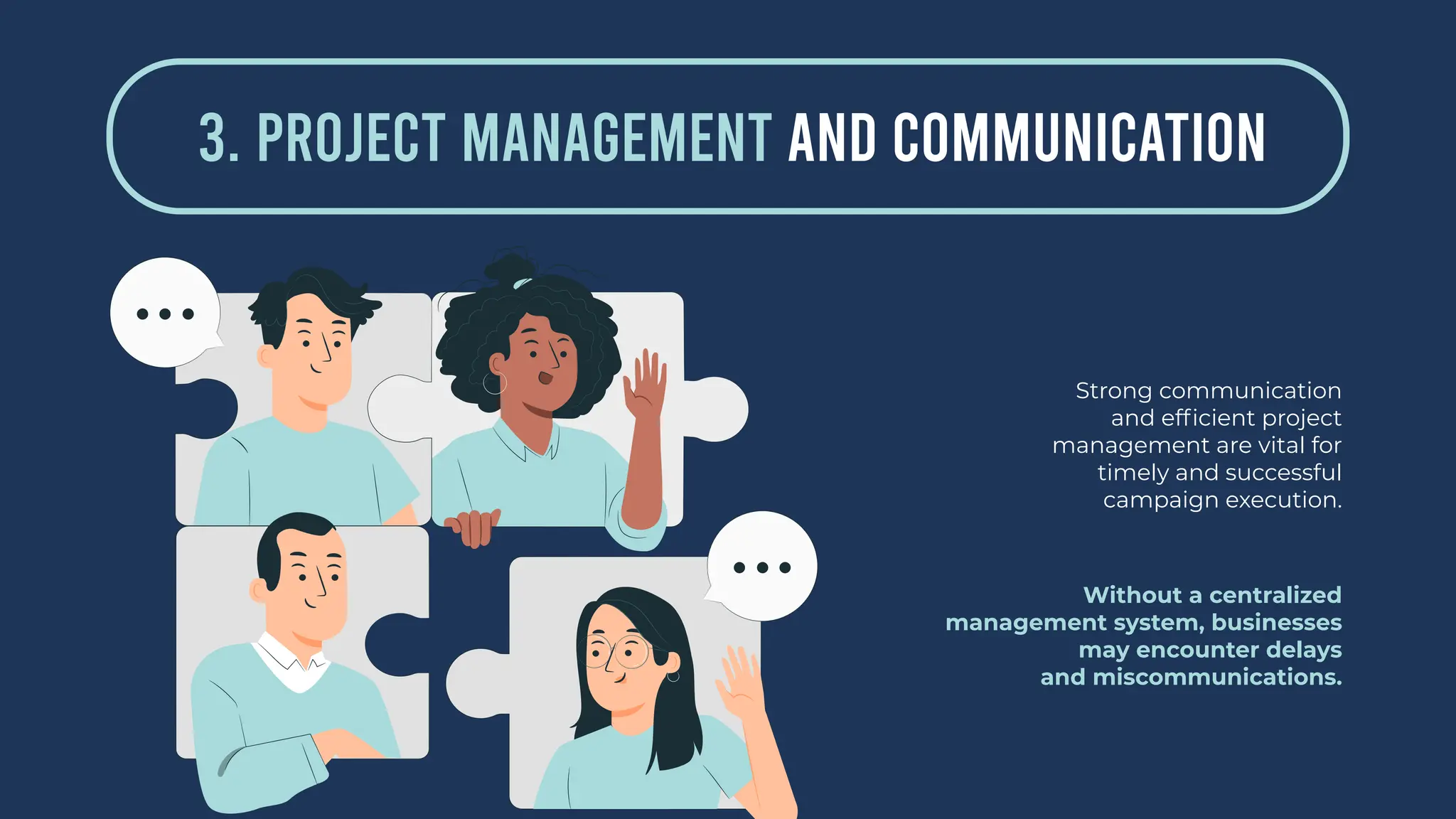 3. PROJECT MANAGEMENT AND COMMUNICATION
Strong communication
and efficient project
management are vital for
timely and successful
campaign execution.
Without a centralized
management system, businesses
may encounter delays
and miscommunications.
 
