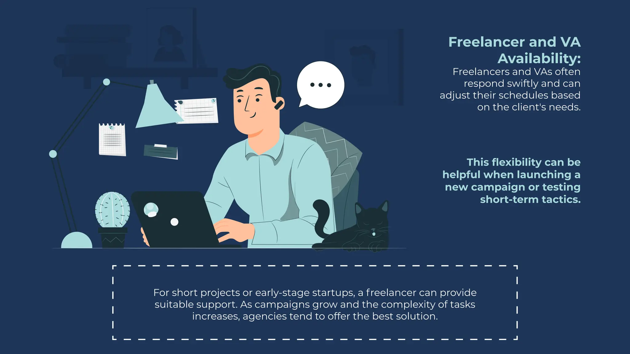 Freelancer and VA
Availability:
Freelancers and VAs often
respond swiftly and can
adjust their schedules based
on the client's needs.
This flexibility can be
helpful when launching a
new campaign or testing
short-term tactics.
For short projects or early-stage startups, a freelancer can provide
suitable support. As campaigns grow and the complexity of tasks
increases, agencies tend to offer the best solution.
 
