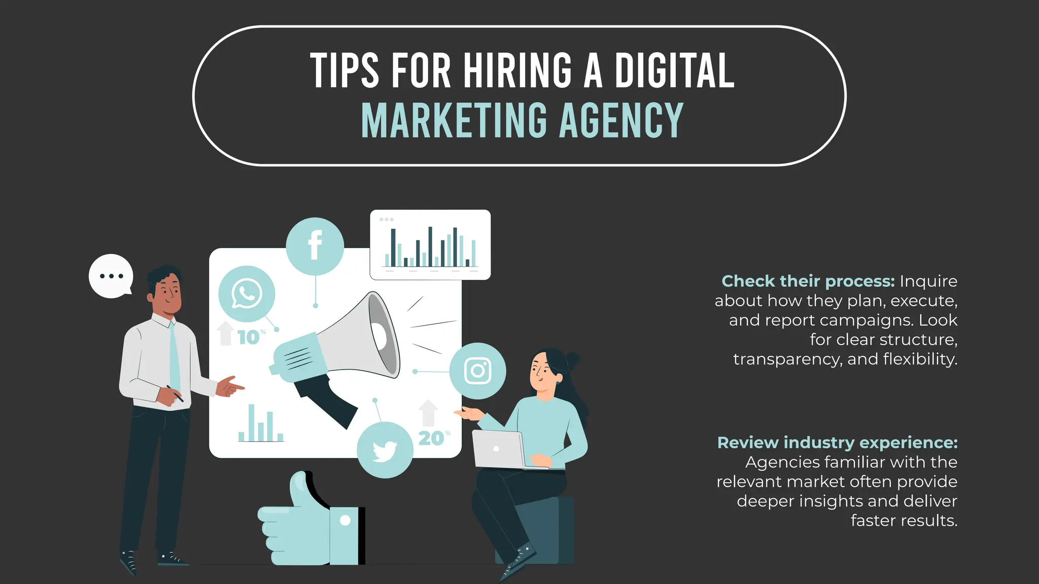 TIPS FOR HIRING A DIGITAL
MARKETING AGENCY
Check their process: Inquire
about how they plan, execute,
and report campaigns. Look
for clear structure,
transparency, and flexibility.
Review industry experience:
Agencies familiar with the
relevant market often provide
deeper insights and deliver
faster results.
 