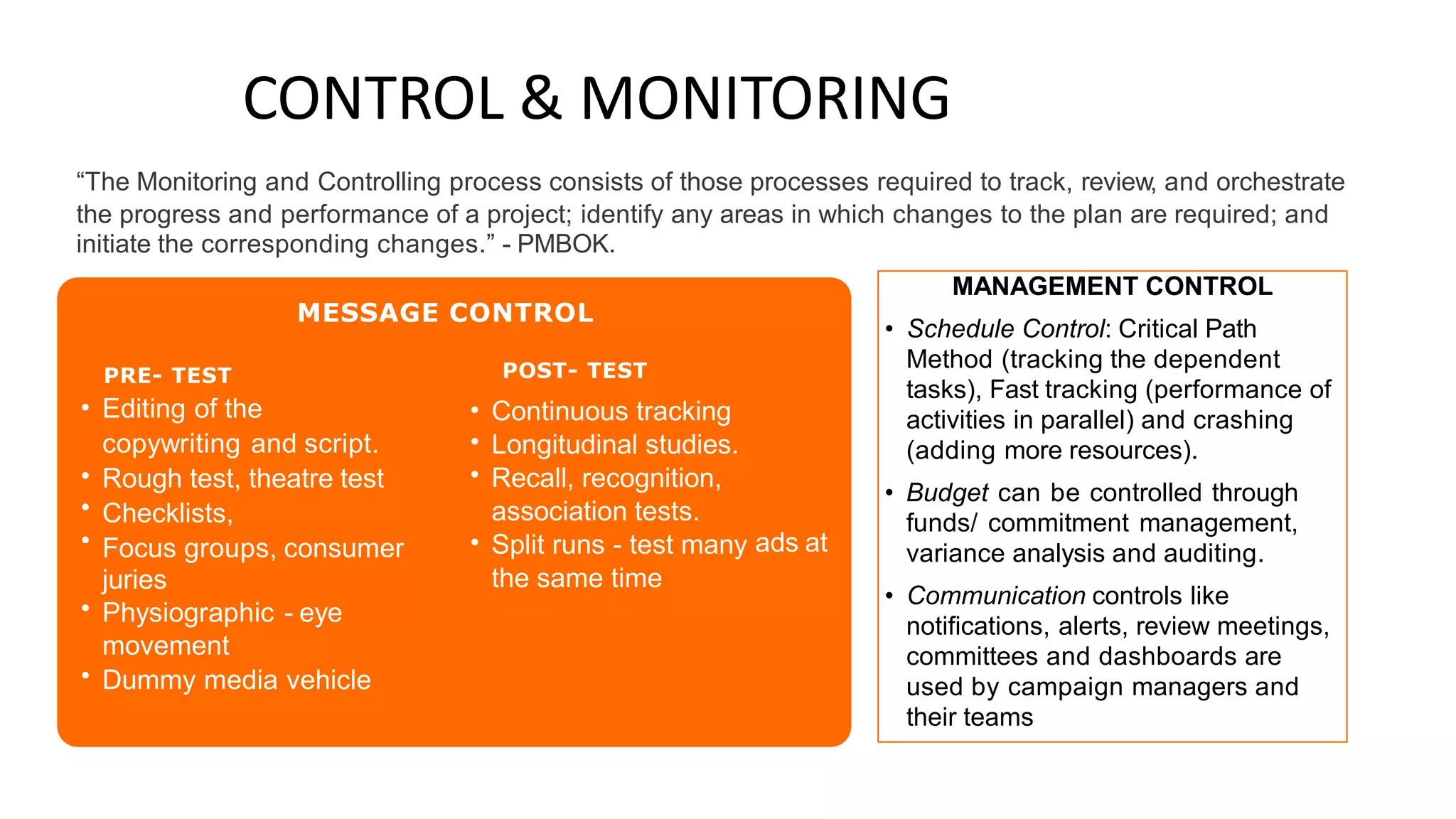 CONTROL & MONITORING
“The Monitoring and Controlling process consists of those processes required to track, review, and orchestrate
the progress and performance of a project; identify any areas in which
initiate the corresponding changes.” - PMBOK.
changes to the plan are required; and
MESSAGE CONTROL
POST- TEST
Continuous tracking
Longitudinal studies.
Recall, recognition,
association tests.
Split runs - test many
the same time
PRE- TEST
Editing of the
copywriting and script.
Rough test, theatre test
Checklists,
Focus groups, consumer
juries
Physiographic - eye
movement
Dummy media vehicle
• •
•
•
•
•
• • ads at
•
•
MANAGEMENT CONTROL
• Schedule Control: Critical Path
Method (tracking the dependent
tasks), Fast tracking (performance of
activities in parallel) and crashing
(adding more resources).
• Budget can be controlled through
funds/ commitment management,
variance analysis and auditing.
• Communication controls like
notifications, alerts, review meetings,
committees and dashboards are
used by campaign managers and
their teams
 