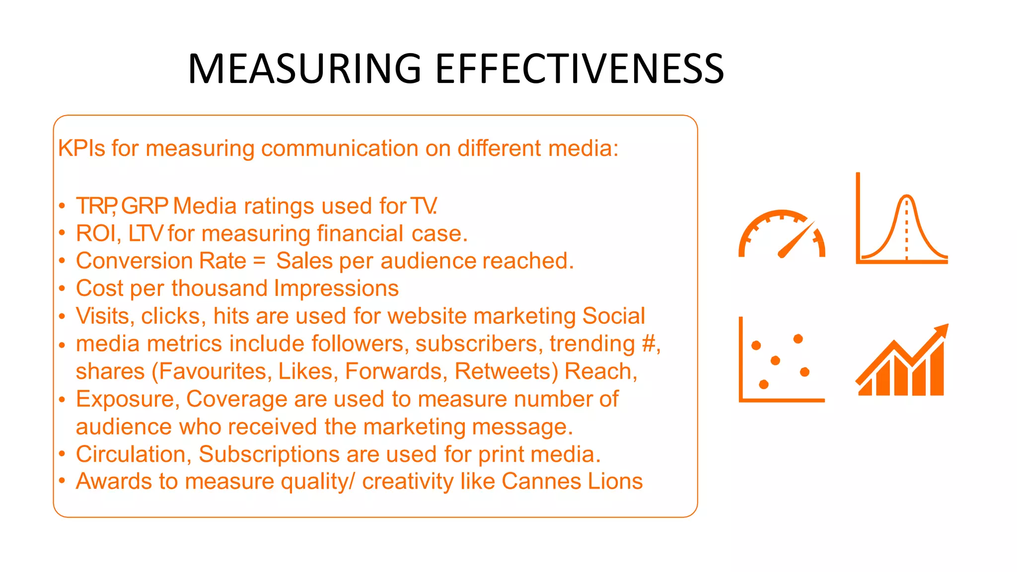 MEASURING EFFECTIVENESS
KPIs for measuring communication on different media:
•
•
•
•
•
•
TRP
,GRP Media ratings used forTV
.
ROI, L
TVfor measuring financial case.
Conversion Rate = Sales per audience reached.
Cost per thousand Impressions
Visits, clicks, hits are used for website marketing Social
media metrics include followers, subscribers, trending #,
shares (Favourites, Likes, Forwards, Retweets) Reach,
Exposure, Coverage are used to measure number of
audience who received the marketing message.
Circulation, Subscriptions are used for print media.
Awards to measure quality/ creativity like Cannes Lions
•
•
•
 