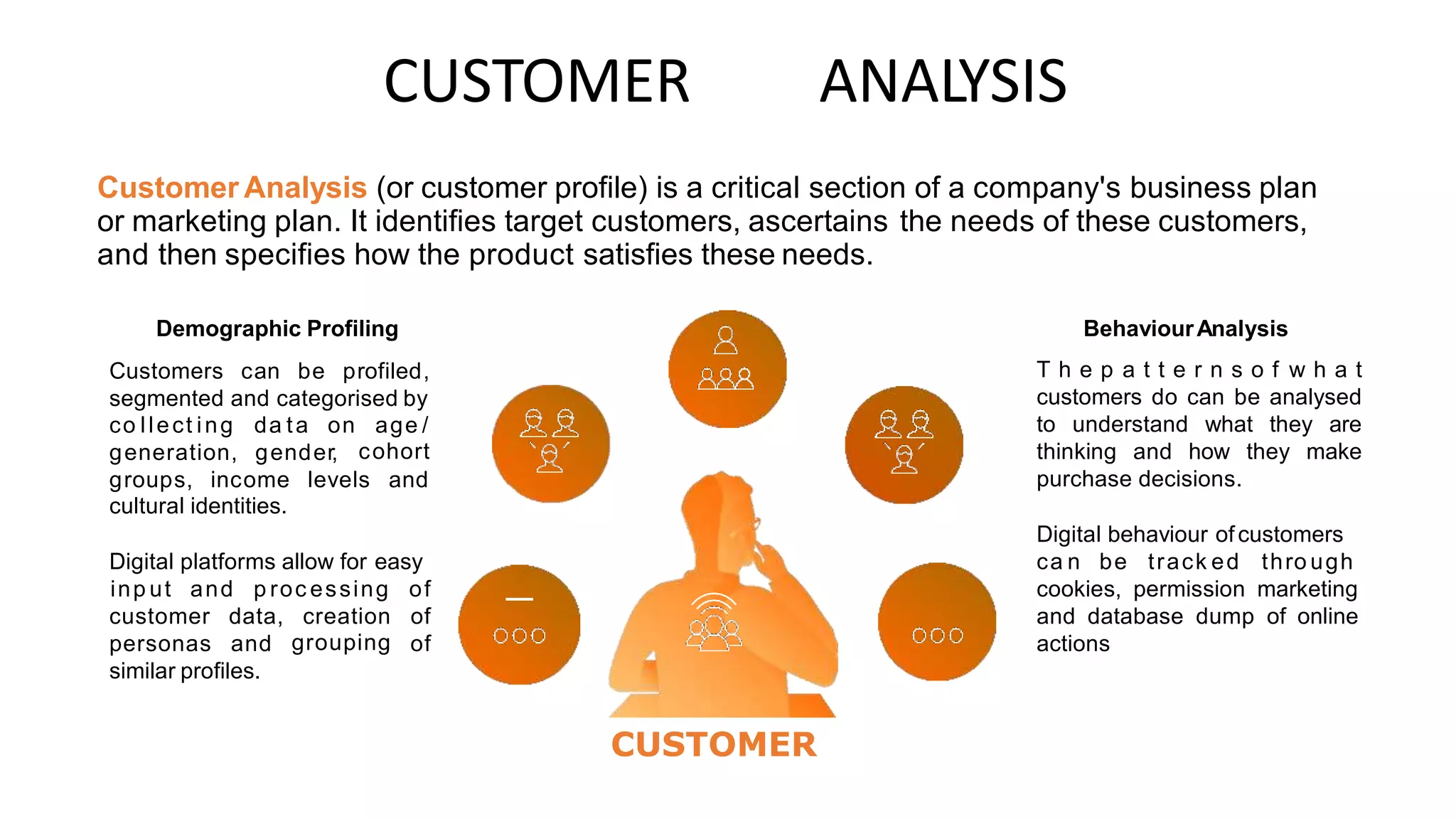 CUSTOMER ANALYSIS
Customer Analysis (or customer profile) is a critical section of a company's business plan
or marketing plan. It identifies target customers, ascertains the needs of these customers,
and then specifies how the product satisfies these needs.
Demographic Profiling
Customers can be profiled,
segmented and categorised by
BehaviourAnalysis
T h e p a t t e r n s o f w h a t
customers do can be analysed
to understand what they are
thinking and how they make
purchase decisions.
co llect ing da ta on age /
cohort
generation, gender,
groups, income
cultural identities.
levels and
Digital behaviour ofcustomers
Digital platforms allow for easy ca n be track ed thro ugh
inp ut and p roc essing of
of
of
cookies, permission marketing
and database dump of online
actions
customer data, creation
grouping
personas and
similar profiles.
CUSTOMER
 