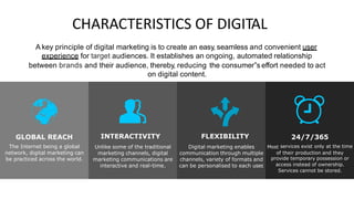 CHARACTERISTICS OF DIGITAL
A key principle of digital marketing is to create an easy, seamless and convenient user
experience for target audiences. It establishes an ongoing, automated relationship
between brands and their audience, thereby, reducing the consumer‟seffort needed to act
on digital content.
GLOBAL REACH
The Internet being a global
network, digital marketing can
be practiced across the world.
24/7/365
services exist only at the time
Most
of their production and they
provide temporary possession or
access instead of ownership.
Services cannot be stored.
INTERACTIVITY
Unlike some of the traditional
marketing channels, digital
marketing communications are
interactive and real-time.
FLEXIBILITY
Digital marketing enables
communication through multiple
channels, variety of formats and
can be personalised to each user
.
 