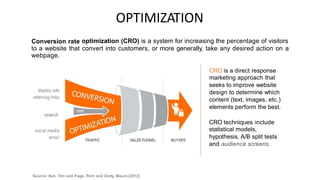 OPTIMIZATION
optimization (CRO) is a system for increasing the percentage of visitors
Conversion rate
to a website
webpage.
that convert into customers, or more generally, take any desired action on a
CRO is a direct response
marketing approach that
seeks to improve website
design to determine which
content (text, images, etc.)
elements perform the best.
CRO techniques include
statistical models,
hypothesis, A/B split tests
and audience screens.
Source: Ash, Tim and Page, Rich and Ginty, Maura (2012)
 