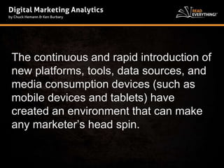The continuous and rapid introduction of 
new platforms, tools, data sources, and 
media consumption devices (such as 
mobile devices and tablets) have 
created an environment that can make 
any marketer’s head spin. 
 