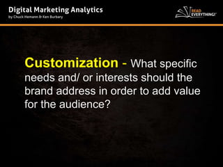 Customization - What specific 
needs and/ or interests should the 
brand address in order to add value 
for the audience? 
 