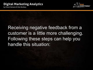 Receiving negative feedback from a 
customer is a little more challenging. 
Following these steps can help you 
handle this situation: 
 