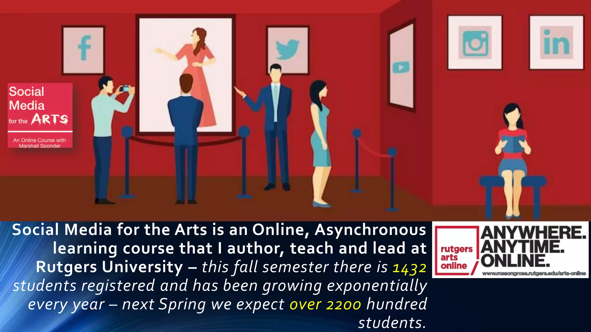 Social Media for the Arts is an Online, Asynchronous
learning course that I author, teach and lead at
Rutgers University – this fall semester there is 1432
students registered and has been growing exponentially
every year – next Spring we expect over 2200 hundred
students.
 
