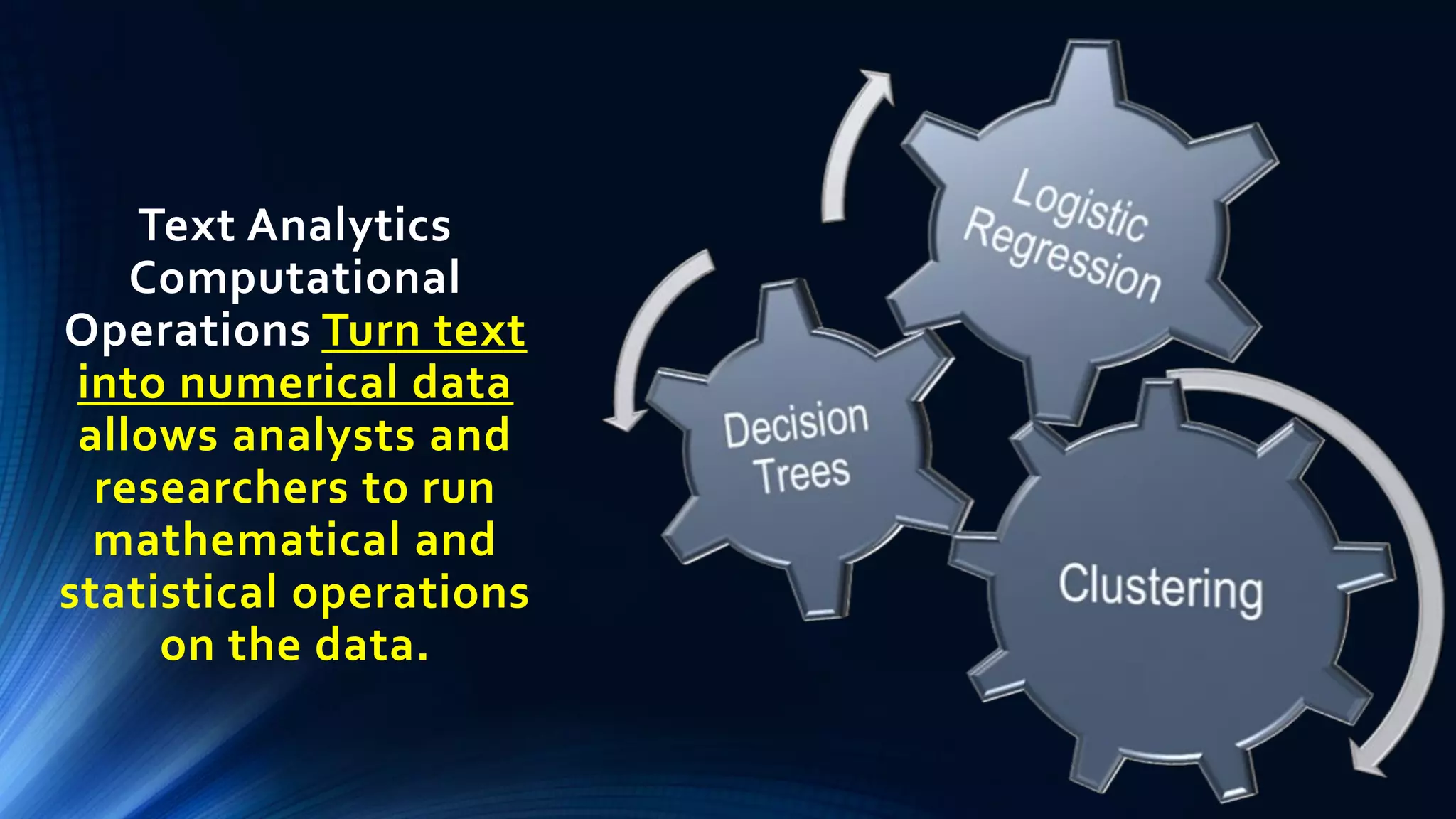 Text Analytics
Computational
Operations Turn text
into numerical data
allows analysts and
researchers to run
mathematical and
statistical operations
on the data.
 