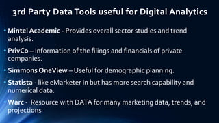3rd Party Data Tools useful for Digital Analytics
• Mintel Academic - Provides overall sector studies and trend
analysis.
...