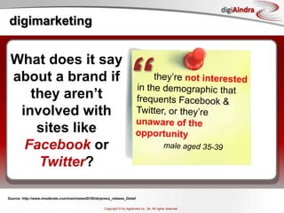 digimarketing“What does it say about a brand if they aren’t involved with sites like Facebook or Twitter?It shows they’re not really with it or in tune with the new ways to communicate with customersfemale aged 18-24Source: http://www.imoderate.com/main/newsID/50/do/press_release_Detail
