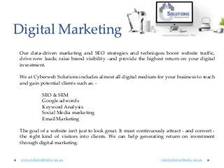 Digital Marketing
Our data-driven marketing and SEO strategies and techniques boost website traffic,
drive new leads; rais...
