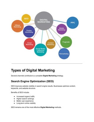 Types of Digital Marketing
Several channels contribute to a complete Digital Marketing strategy.
Search Engine Optimization (SEO)
SEO improves website visibility in search engine results. Businesses optimize content,
keywords, and website structure.
Benefits of SEO include:
●​ Increased organic traffic
●​ Higher search rankings
●​ Better user experience
●​ Long-term online visibility
SEO remains one of the most effective Digital Marketing methods.
 