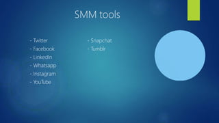 SMM tools
- Snapchat
- Tumblr
- Twitter
- Facebook
- LinkedIn
- Whatsapp
- Instagram
- YouTube
 