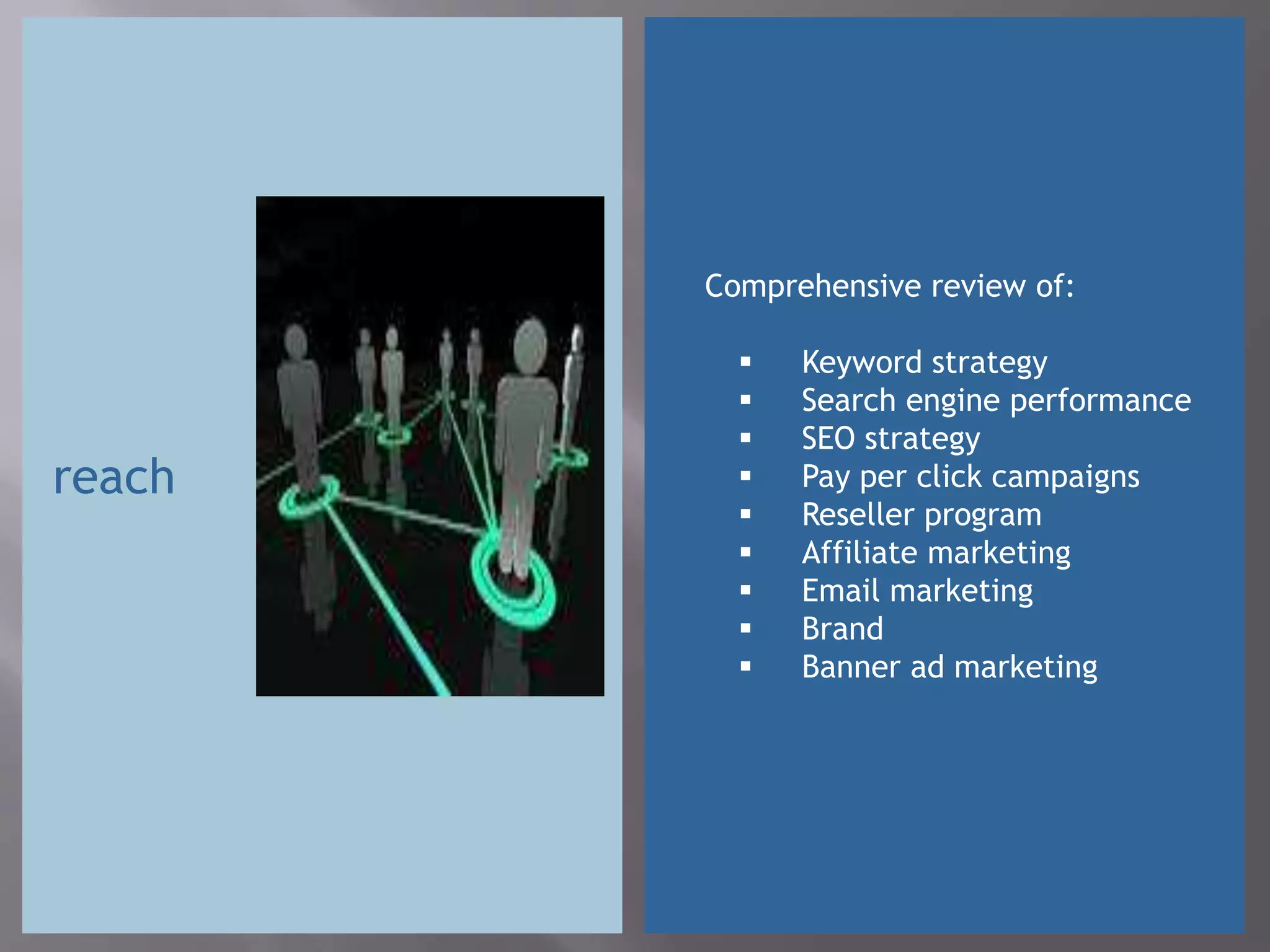 Comprehensive review of:

             Keyword strategy
             Search engine performance
             SEO strategy
reach        Pay per click campaigns
             Reseller program
             Affiliate marketing
             Email marketing
             Brand
             Banner ad marketing
 