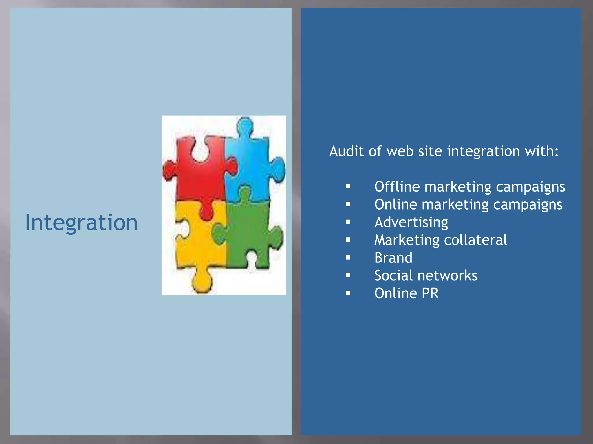 Audit of web site integration with:

                   Offline marketing campaigns
                   Online marketing campaigns
Integration        Advertising
                   Marketing collateral
                   Brand
                   Social networks
                   Online PR
 
