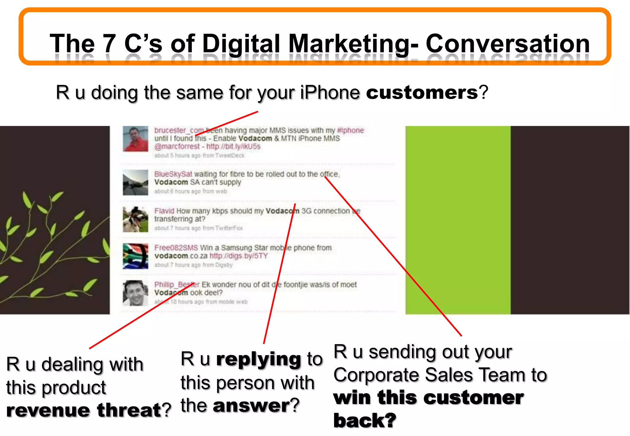 R u doing the same for your iPhone customers?
R u sending out your
Corporate Sales Team to
win this customer
back?
R u replying to
this person with
the answer?
R u dealing with
this product
revenue threat?
The 7 C’s of Digital Marketing- Conversation
 