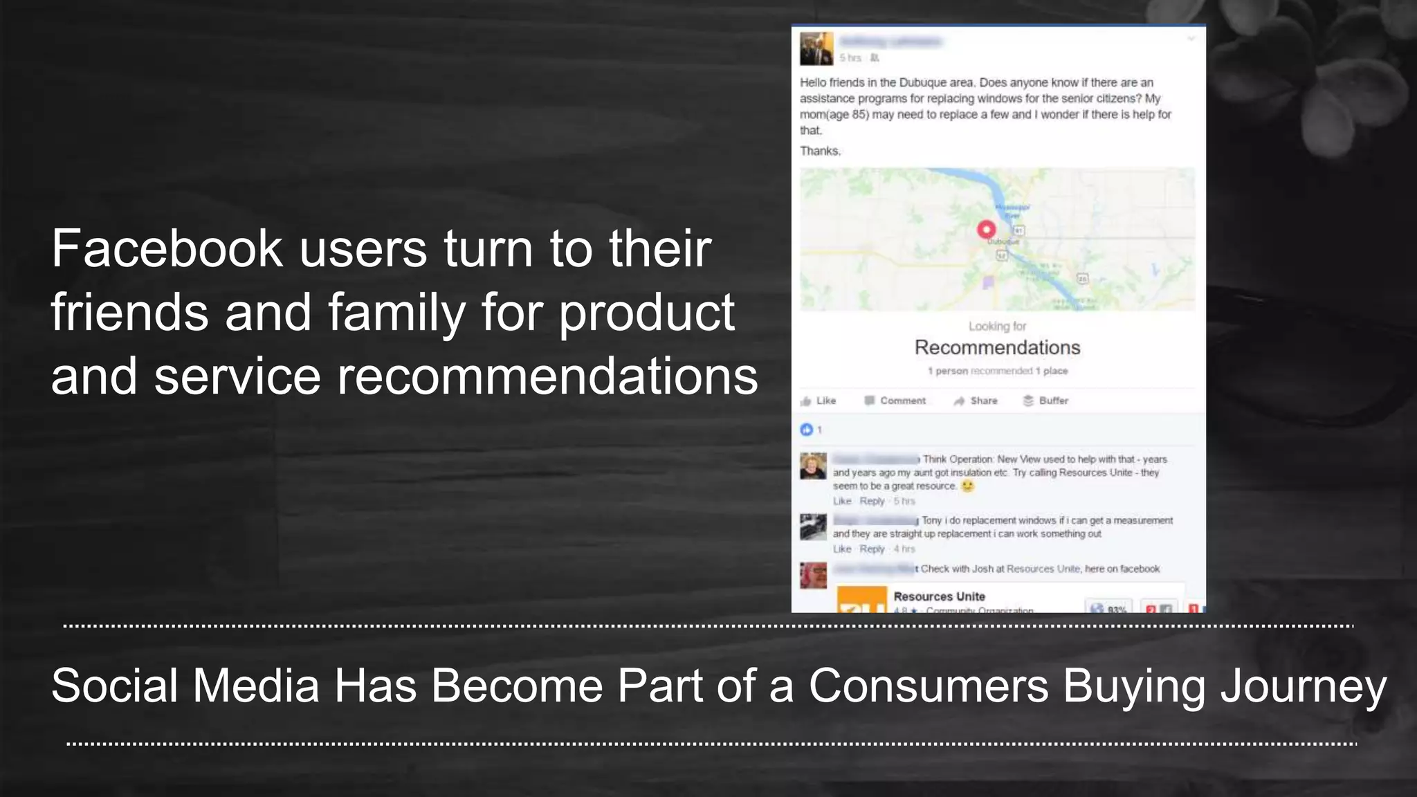 Social Media Has Become Part of a Consumers Buying Journey
Facebook users turn to their
friends and family for product
and service recommendations
 