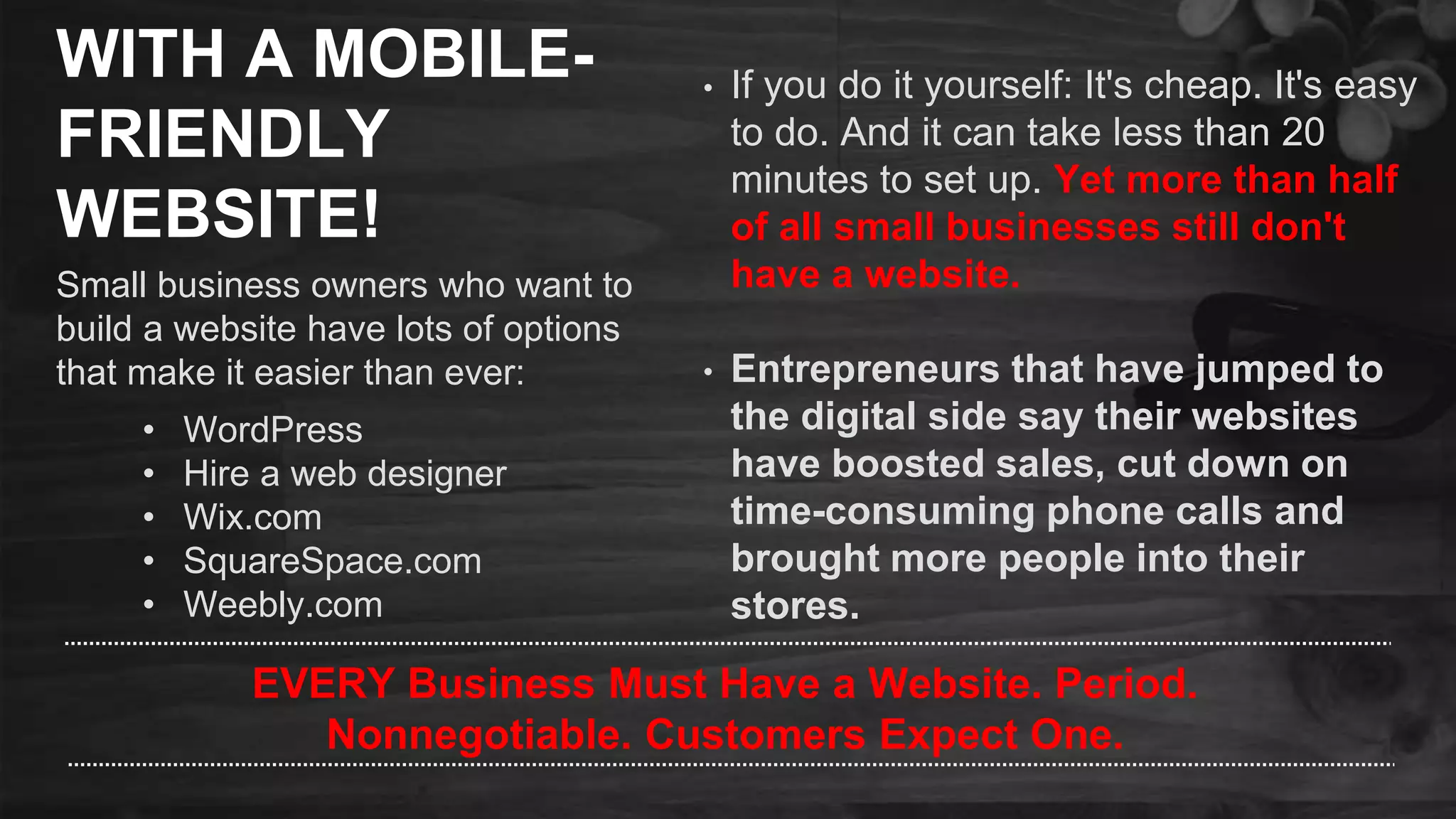 WITH A MOBILE-
FRIENDLY
WEBSITE!
• If you do it yourself: It's cheap. It's easy
to do. And it can take less than 20
minutes to set up. Yet more than half
of all small businesses still don't
have a website.
• Entrepreneurs that have jumped to
the digital side say their websites
have boosted sales, cut down on
time-consuming phone calls and
brought more people into their
stores.
Small business owners who want to
build a website have lots of options
that make it easier than ever:
• WordPress
• Hire a web designer
• Wix.com
• SquareSpace.com
• Weebly.com
EVERY Business Must Have a Website. Period.
Nonnegotiable. Customers Expect One.
 