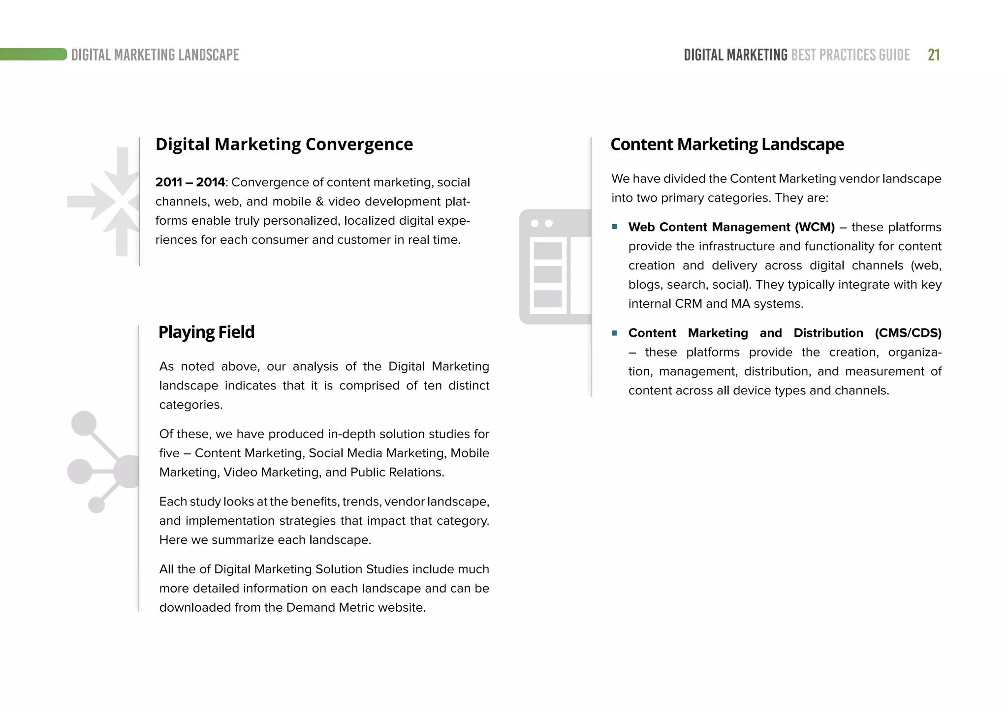 21DIGITAL MARKETING BEST PRACTICES GUIDE
Digital Marketing Convergence
2011 – 2014: Convergence of content marketing, social
channels, web, and mobile & video development plat-
forms enable truly personalized, localized digital expe-
riences for each consumer and customer in real time.
Playing Field
Content Marketing Landscape
As noted above, our analysis of the Digital Marketing
landscape indicates that it is comprised of ten distinct
categories.
Of these, we have produced in-depth solution studies for
five – Content Marketing, Social Media Marketing, Mobile
Marketing, Video Marketing, and Public Relations.
Each study looks at the benefits, trends, vendor landscape,
and implementation strategies that impact that category.
Here we summarize each landscape.
All the of Digital Marketing Solution Studies include much
more detailed information on each landscape and can be
downloaded from the Demand Metric website.
We have divided the Content Marketing vendor landscape
into two primary categories. They are:
Web Content Management (WCM) – these platforms
provide the infrastructure and functionality for content
creation and delivery across digital channels (web,
blogs, search, social). They typically integrate with key
internal CRM and MA systems.
Content Marketing and Distribution (CMS/CDS)
– these platforms provide the creation, organiza-
tion, management, distribution, and measurement of
content across all device types and channels.
DIGITAL MARKETING LANDSCAPE
 