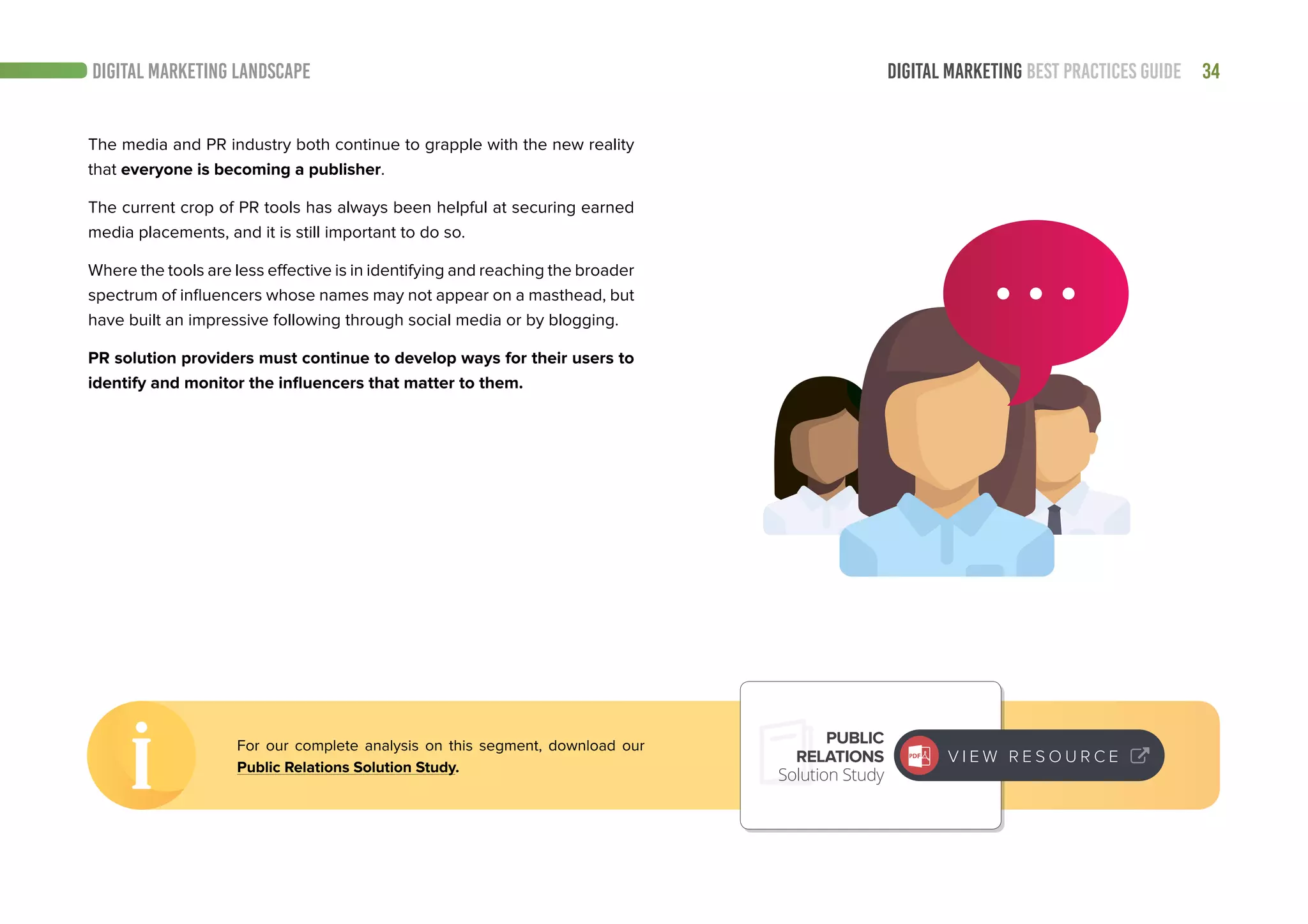 34DIGITAL MARKETING BEST PRACTICES GUIDE
The media and PR industry both continue to grapple with the new reality
that everyone is becoming a publisher.
The current crop of PR tools has always been helpful at securing earned
media placements, and it is still important to do so.
Where the tools are less effective is in identifying and reaching the broader
spectrum of influencers whose names may not appear on a masthead, but
have built an impressive following through social media or by blogging.
PR solution providers must continue to develop ways for their users to
identify and monitor the influencers that matter to them.
DIGITAL MARKETING LANDSCAPE
For our complete analysis on this segment, download our
Public Relations Solution Study.
PUBLIC
RELATIONS
Solution Study
V I E W R E S O U R C E
 