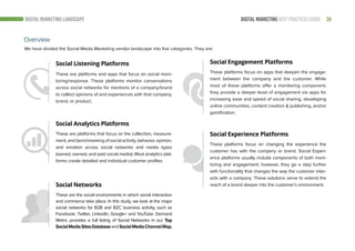 24DIGITAL MARKETING BEST PRACTICES GUIDE
We have divided the Social Media Marketing vendor landscape into five categories. They are:
Overview
Social Listening Platforms
These are platforms and apps that focus on social moni-
toring/response. These platforms monitor conversations
across social networks for mentions of a company/brand
to collect opinions of and experiences with that company,
brand, or product.
Social Analytics Platforms
Social Networks
Social Engagement Platforms
Social Experience PlatformsThese are platforms that focus on the collection, measure-
ment, and benchmarking of social activity, behavior, opinion,
and emotion across social networks and media types
(owned, earned, and paid social media). Most analytics plat-
forms create detailed and individual customer profiles.
These are the social environments in which social interaction
and commerce take place. In this study, we look at the major
social networks for B2B and B2C business activity, such as
Facebook, Twitter, LinkedIn, Google+ and YouTube. Demand
Metric provides a full listing of Social Networks in our Top
SocialMediaSitesDatabaseandSocialMediaChannelMap.
These platforms focus on apps that deepen the engage-
ment between the company and the customer. While
most of these platforms offer a monitoring component,
they provide a deeper level of engagement via apps for
increasing ease and speed of social sharing, developing
online communities, content creation & publishing, and/or
gamification.
These platforms focus on changing the experience the
customer has with the company or brand. Social Experi-
ence platforms usually include components of both moni-
toring and engagement; however, they go a step further
with functionality that changes the way the customer inter-
acts with a company. These solutions serve to extend the
reach of a brand deeper into the customer’s environment.
DIGITAL MARKETING LANDSCAPE
 