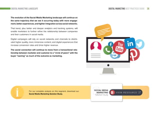 26DIGITAL MARKETING BEST PRACTICES GUIDE
The evolution of the Social Media Marketing landscape will continue on
the same trajectory that we see it occurring today with more engage-
ment, better experiences, and tighter integration across social networks.
That trend, plus better and deeper analytics and tracking systems, will
enable marketers to further refine the relationship between companies
and their customers in social media.
Digital campaigns will rely on social networks and channels to distrib-
uted higher quality, more immersive content, and digital experiences that
increase conversion rates and drive higher revenue.
The social connection will continue to move from a transactional rela-
tionship between marketer and customer to a “circle of peers” with the
buyer “owning” as much of the outcome as marketing.
DIGITAL MARKETING LANDSCAPE
For our complete analysis on this segment, download our
Social Media Marketing Solution Study.
SOCIAL MEDIA
MARKETING
Solution Study
V I E W R E S O U R C E
 