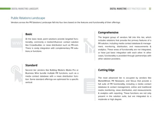 32DIGITAL MARKETING BEST PRACTICES GUIDE
Vendors across the PR Solutions Landscape fall into four tiers based on the features and functionality of their offerings:
Basic
At the basic level, point solutions provide targeted func-
tionality, commonly a media/influencer contact solution
like Crowdbuilder, or news distribution such as PR.com.
There is rarely integration with complementary PR solu-
tions or functions.
Standard
Second tier vendors like Bulldog Media’s Media Pro or
Business Wire bundle multiple PR functions, such as a
media contact database with a news distribution func-
tion. Some standard offerings are optimized for a specific
vertical.
Comprehensive
The largest group of vendors fall into this tier, which
includes solutions that provide the primary features of a
PR solution, including media contact database & manage-
ment, monitoring, distribution, and measurements &
analytics. These areas of functionality are not integrated,
or have just basic integration with each other. In other
cases, functionality is provided through partnerships with
other solution providers.
Cutting Edge
The most advanced tier is occupied by vendors like
MarketWired, PR Newswire, and Vocus that provide a
full suite of PR functionality, including a media contact
database & contact management, online and traditional
media monitoring, news distribution, and measurements
& analytics with reporting. These functions are not only
present in the solution suite, but are integrated to a
moderate or high degree.
Public Relations Landscape
DIGITAL MARKETING LANDSCAPE
 