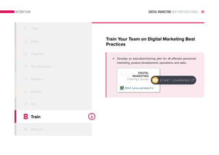 DIGITAL MARKETING BEST PRACTICES GUIDE 49ACTION PLAN
8
9
Train
Measure
1 Align
2 Build
3 Organize
4
5
6 Identify
7
Train Your Team on Digital Marketing Best
Practices
Develop an education/training plan for all affected personnel:
marketing, product development, operations, and sales.
DIGITAL
MARKETING
Training Courses S TA R T L E A R N I N G
Set Objectives
Research
Plan
 