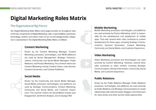 35DIGITAL MARKETING BEST PRACTICES GUIDE
Our Digital Marketing Roles Matrix (next page) provides an at-a-glance view
of th...
