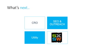 What’s next..
CRO
SEO &
OUTREACH
Utility SXSW
 