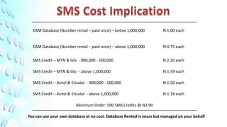 GSM Database (Number rental – paid once) – below 1,000,000           N 1.00 each


  GSM Database (Number rental – paid once) – above 1,000,000           N 0.75 each


  SMS Credit – MTN & Glo - 900,000 - 100,000                           N 2.20 each

  SMS Credit – MTN & Glo - above 1,000,000                             N 1.59 each

  SMS Credit – Airtel & Etisalat - 900,000 - 100,000                   N 1.50 each

  SMS Credit – Airtel & Etisalat - above 1,000,000                     N 1.18 each

                          Minimum Order: 500 SMS Credits @ N3.90

You can use your own database at no cost. Database Rented is yours but managed on your behalf
 