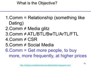13
http://totallyunrelatedrandomanddebatable.blogspot.com/
What is the Objective?
1.Comm = Relationship (something like
Dating)
2.Comm ≠ Media glitz
3.Comm ≠ ATL/BTL/BwTL/ArTL/FTL
4.Comm ≠ CSR
5.Comm ≠ Social Media
6.Comm = Get more people, to buy
more, more frequently, at higher prices
 