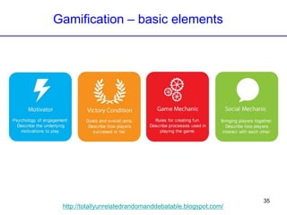 35
http://totallyunrelatedrandomanddebatable.blogspot.com/
Gamification – basic elements
 