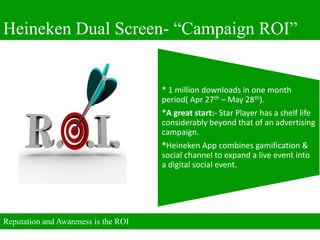 Heineken Dual Screen- “Campaign ROI”


                                      * 1 million downloads in one month
                                      period( Apr 27th – May 28th).
                                      *A great start:- Star Player has a shelf life
                                      considerably beyond that of an advertising
                                      campaign.
                                      *Heineken App combines gamification &
                                      social channel to expand a live event into
                                      a digital social event.




Reputation and Awareness is the ROI
 