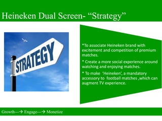 Heineken Dual Screen- “Strategy”


                                 *To associate Heineken brand with
                                 excitement and competition of premium
                                 matches.
                                 * Create a more social experience around
                                 watching and enjoying matches.
                                 * To make ‘Heineken’, a mandatory
                                 accessory to football matches ,which can
                                 augment TV experience.




Growth--- Engage--- Monetize
 