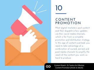 CONTENT
PROMOTION
10
Most digital marketers post content
and then dispatch a few updates
via their social media channels,
...