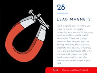 LEAD MAGNETS
28
Lead magnets are free offers you
make to inspire the people
consuming your content to join your
email list...