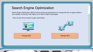 Search Engine Optimization
Search Engine Optimization (SEO) involves performing optimizations to increase the flow of organic traffic to
your website, by having it rank higher up on search engine result pages
There are two forms of search engine optimization:
On-page SEO Off-page SEO
 